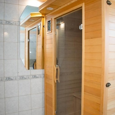 The luxury apartment boasts a sauna.