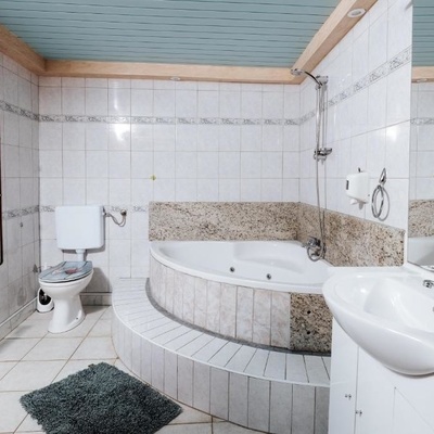 The bathroom in the luxury apartment includes a massage bathtub.
