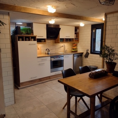 Kitchen with a large dining table.