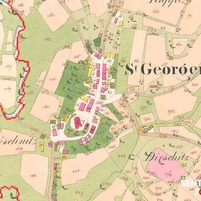 Zgornji trg na katastrskem zemljevidu 1858-1860. Pri Ipavčevi hiši je zapisana št. 46, označeno je tudi gospodarsko poslopje na vrtu hiše.