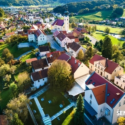 The picturesque Upper Square in Šentjur invites visitors to explore museum collections and exhibitions.
