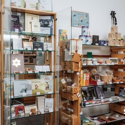 We offer a wide selection of souvenirs.