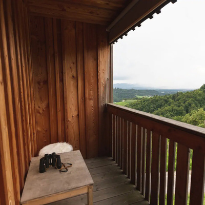 Z lesenega balkona se ponuja razgled na razgibano okolico in čudovito naravo.