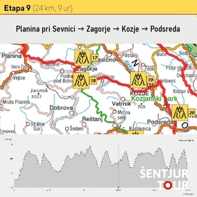 Zemljevid 9. etape Marijine romarske poti: Planina pri Sevnici-Šentvid pri Planini-Lurška jama-Kozje-Podsreda.